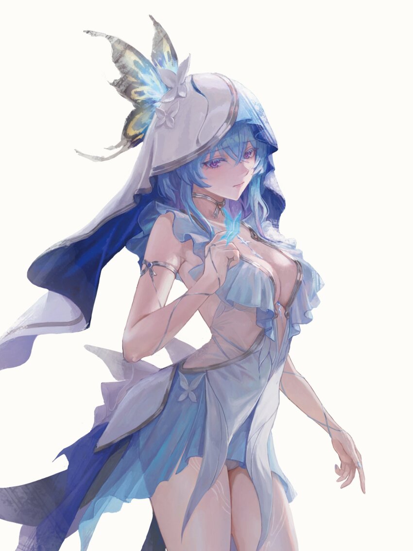 1girl armlet bare_shoulders blue_butterfly blue_hair blue_nails blue_veil breasts bug butterfly butterfly_on_hand closed_mouth commentary cowboy_shot ddcc0123 dress hair_between_eyes hand_up hashtag-only_commentary highres insect jewelry large_breasts long_hair looking_at_viewer nail_polish purple_eyes shorekeeper_(wuthering_waves) simple_background sleeveless sleeveless_dress solo two-tone_veil veil white_background white_dress white_veil wuthering_waves