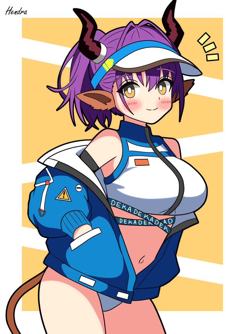 1girl absurdres animal_ears arknights bikini blue_jacket blush breasts bright_pupils cow_ears cow_girl cow_horns cow_tail cowboy_shot hendra highres horns jacket large_breasts looking_at_viewer navel off_shoulder official_alternate_costume open_clothes open_jacket purple_hair sideroca_(arknights) sideroca_(light_breeze)_(arknights) smile solo swimsuit tail visor_cap white_bikini