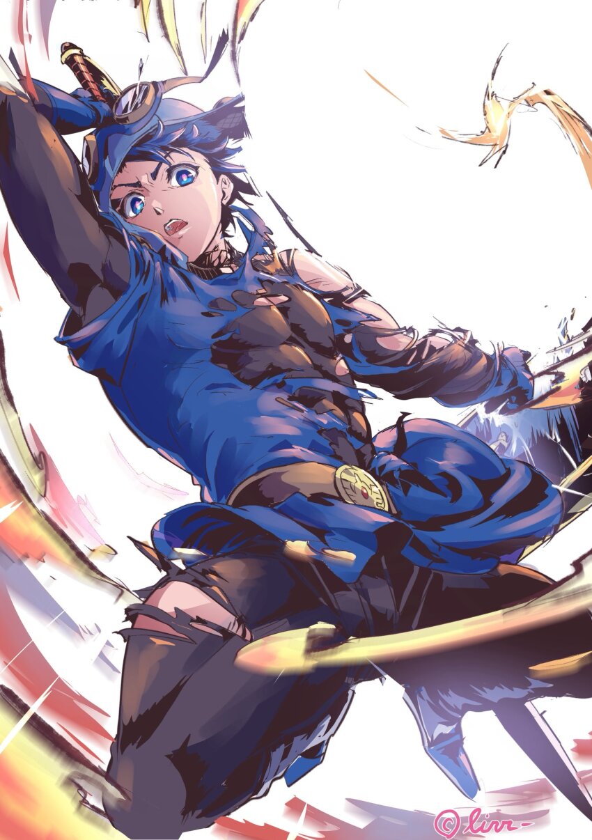 1boy arm_up artist_name asymmetrical_dual_wielding aviator_cap belt_buckle black_bodysuit blue_boots blue_eyes blue_hair blue_hat blue_tunic bodysuit boots buckle commentary_request covered_abs dragon_quest dragon_quest_ii dual_wielding floating_clothes floating_hair goggles goggles_on_headwear hat highres holding holding_behind_back holding_shield holding_sword holding_sword_behind_back holding_weapon holding_weapon_behind_back incoming_attack looking_at_viewer looking_down male_focus muscular muscular_male pink_pupils prince_of_lorasia roto&#039;s_emblem shey93735903 shield short_hair solo sword torn_bodysuit torn_clothes torn_hat torn_tunic tunic weapon white_background