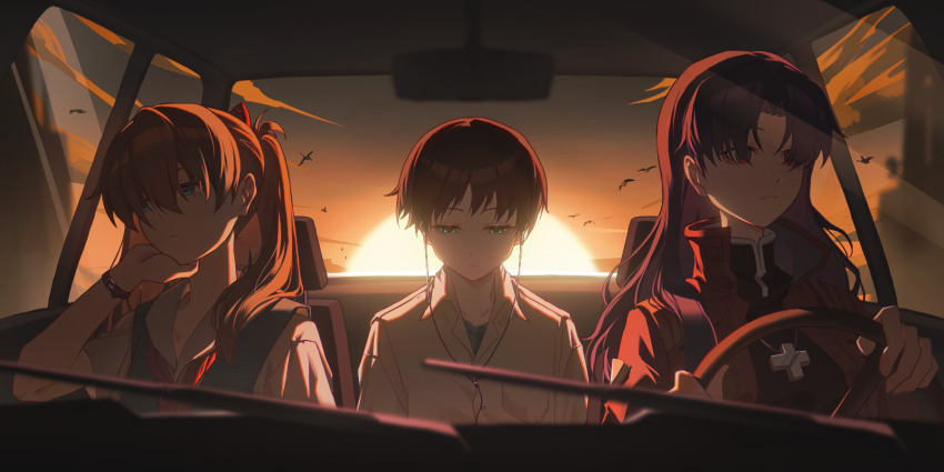 1boy 2girls arm_support black_hair black_shirt blue_eyes blue_vest bow brown_hair car_interior closed_mouth collared_shirt cross cross_necklace driving earphones enoharatoki grey_shirt hair_between_eyes hair_bow head_on_hand high_collar highres ikari_shinji jacket jewelry katsuragi_misato long_hair multiple_girls necklace neon_genesis_evangelion open_clothes open_jacket purple_hair red_bow red_eyes red_jacket red_ribbon ribbon school_uniform shirt short_hair souryuu_asuka_langley sunset twintails vest white_shirt