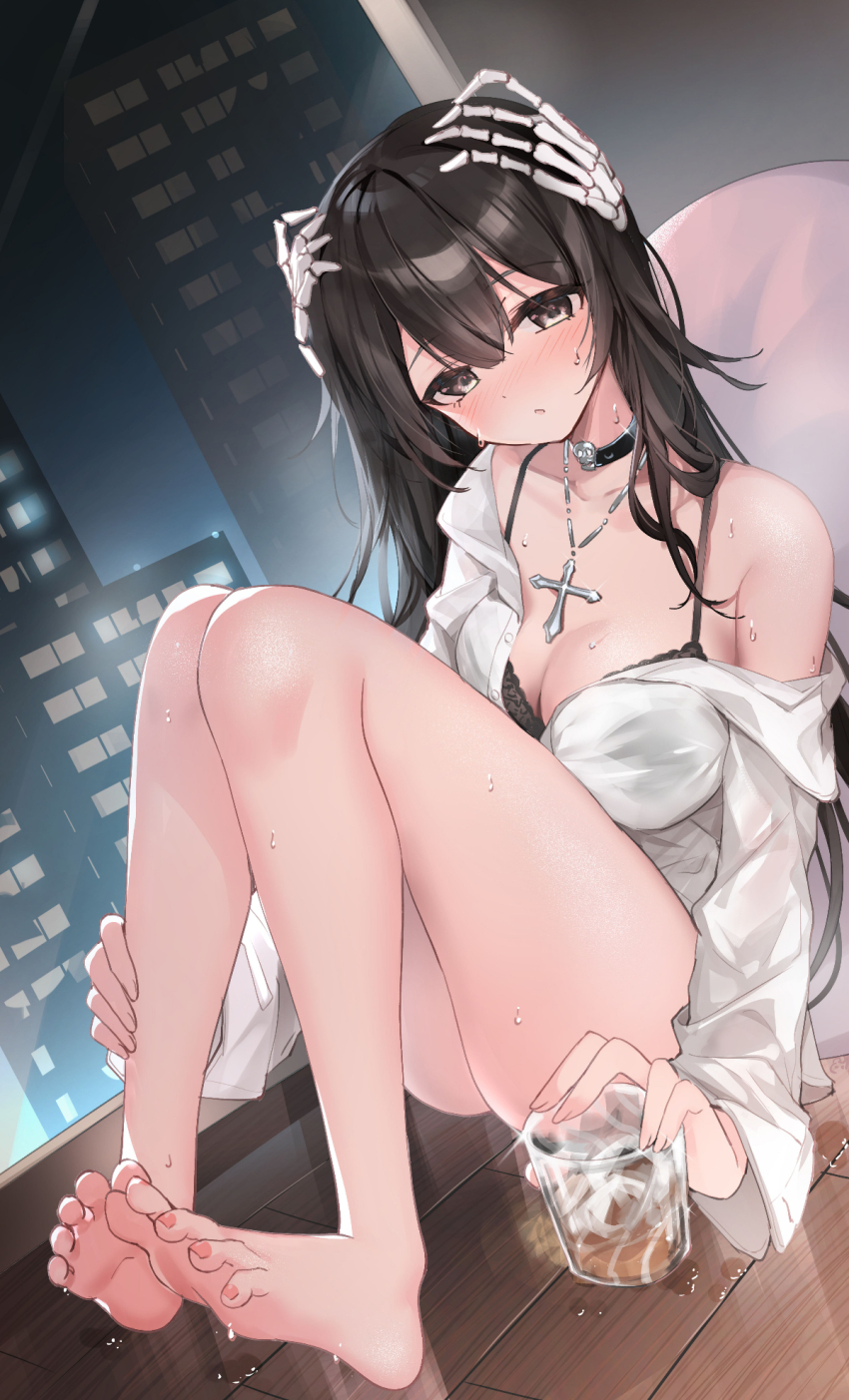 1girl ass bare_legs bare_shoulders barefoot bison_cangshu black_bra black_choker black_eyes black_hair bra breasts choker cleavage cross cross_necklace cup dress_shirt drinking_glass feet hair_ornament highres holding holding_cup indoors jewelry knees_up large_breasts long_hair looking_at_viewer necklace off_shoulder original parted_lips shirt sitting skeletal_hand soles solo spaghetti_strap sweat thighs toes underwear white_shirt