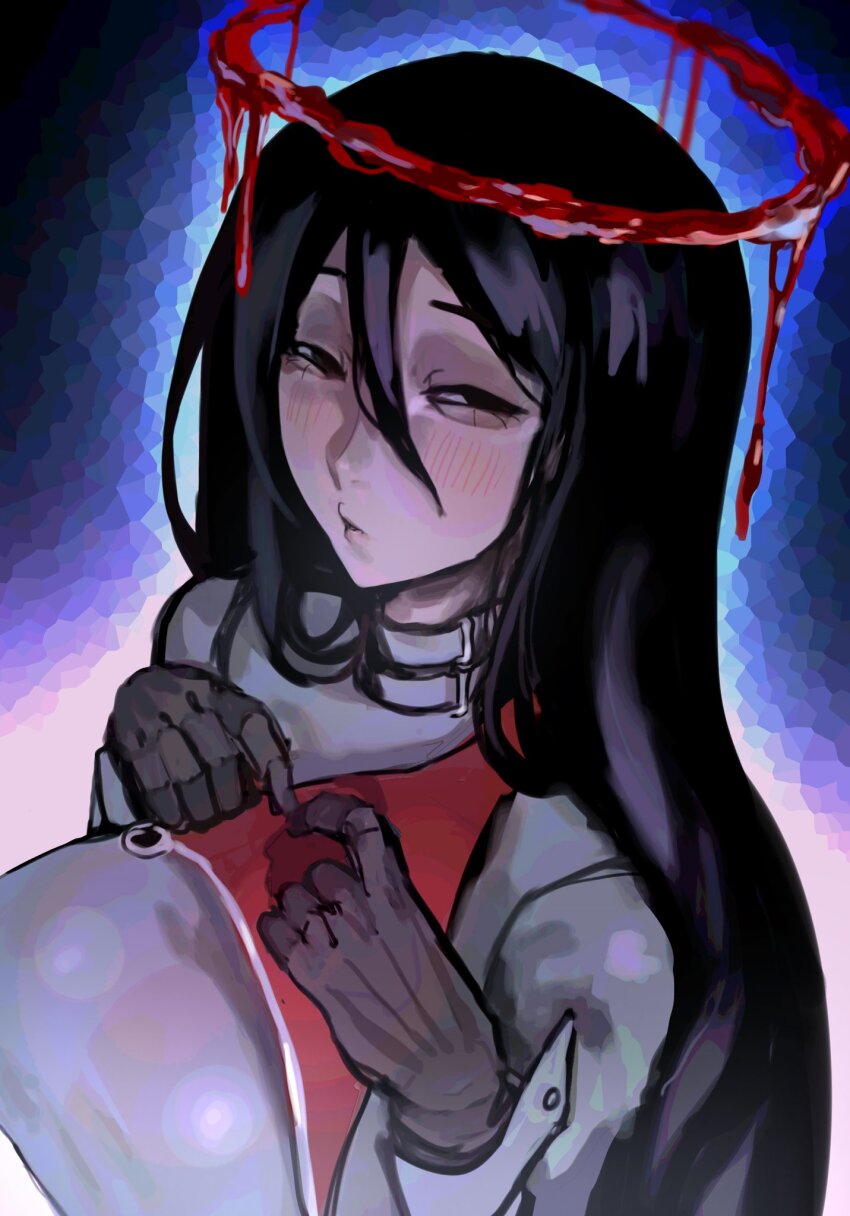 1girl black_gloves black_hair blood blood_halo breasts coat collar gloves halo highres how_to_date_an_entity_(and_stay_alive) large_breasts liquid_halo long_hair looking_at_viewer looking_to_the_side mrs. original red_halo sfour_s4 solo squinting trench_coat upper_body