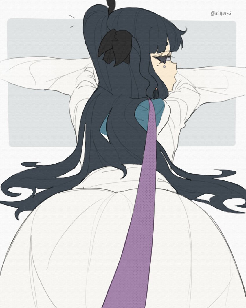 absurdres artemis_of_the_blue atelier_live black_eyes black_hair blunt_bangs bad_tag from_above from_behind hair_ribbon highres hood hood_down hoodie leash leash_pull long_hair looking_at_viewer looking_back mole mole_under_eye ponytail pov ribbon shark_girl source_request tttinkaaaaa unluckytobii virtual_youtuber white_hoodie