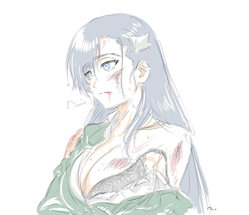 1girl after_battle black_bra black_hair blood blood_on_breasts blood_on_face blue_eyes bra breasts burn_the_witch cleavage closed_mouth commentary expressionless green_jacket hair_behind_ear injury jacket large_breasts long_hair looking_afar mitsugu niihashi_noel puff_of_air scar scar_on_breasts scar_on_face scar_on_shoulder shirt simple_background single_bare_shoulder sketch solo split_mouth straight_hair strap_slip torn_clothes torn_jacket torn_shirt tsurime underwear upper_body white_background white_shirt