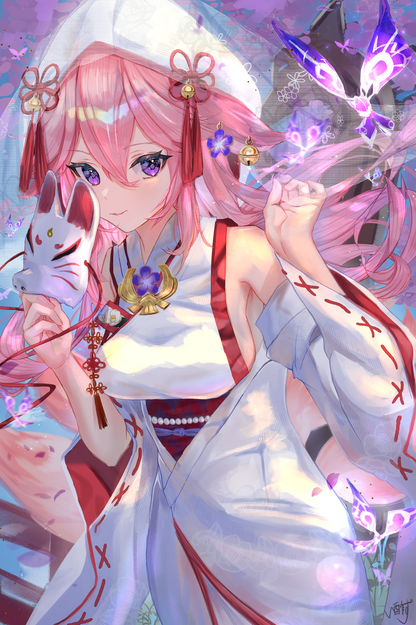 1girl absurdres animal_ears breasts bug butterfly cowboy_shot crystalfly_(genshin_impact) detached_sleeves earrings flower fox_ears fox_mask genshin_impact hair_between_eyes hair_flower hair_ornament highres holding holding_mask insect isuzu_(an_icy_cat) japanese_clothes jewelry kimono large_breasts long_hair looking_at_viewer mask miko pink_hair purple_eyes signature smile uchikake vision_(genshin_impact) yae_miko