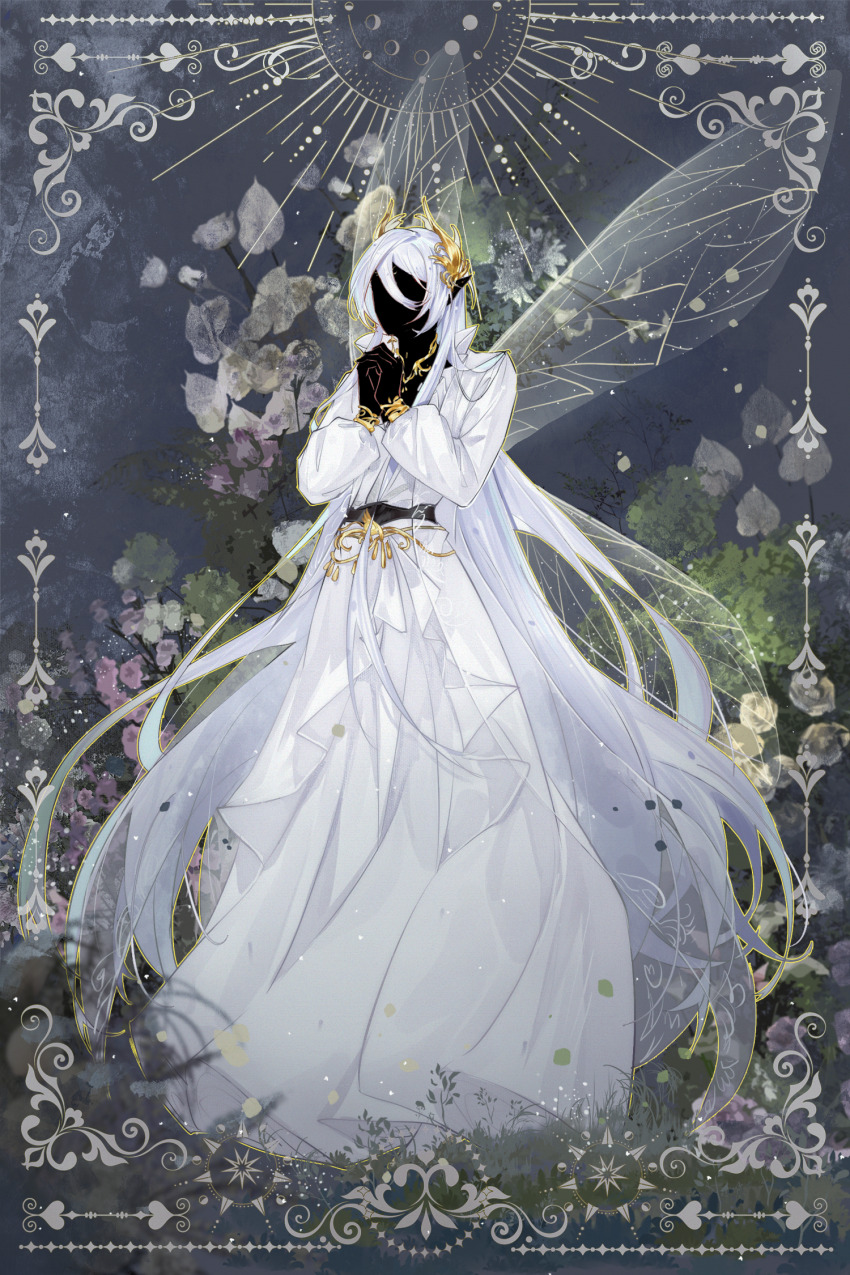 1boy baiguigelierwan black_sash black_skin border bracelet bush cael_anselm cael_anselm_(midnight_epilogue) chinese_commentary colored_skin faceless faceless_male fairy fairy_wings flower frilled_robe full_body gold_bracelet gold_necklace grey_background hair_between_eyes hair_ornament highres insect_wings jewelry long_bangs long_hair long_sleeves lovebrush_chronicles male_focus moon_phases necklace ornate_border own_hands_clasped own_hands_together pink_flower pointy_ears robe sash solo standing very_long_hair white_flower white_hair white_robe wings