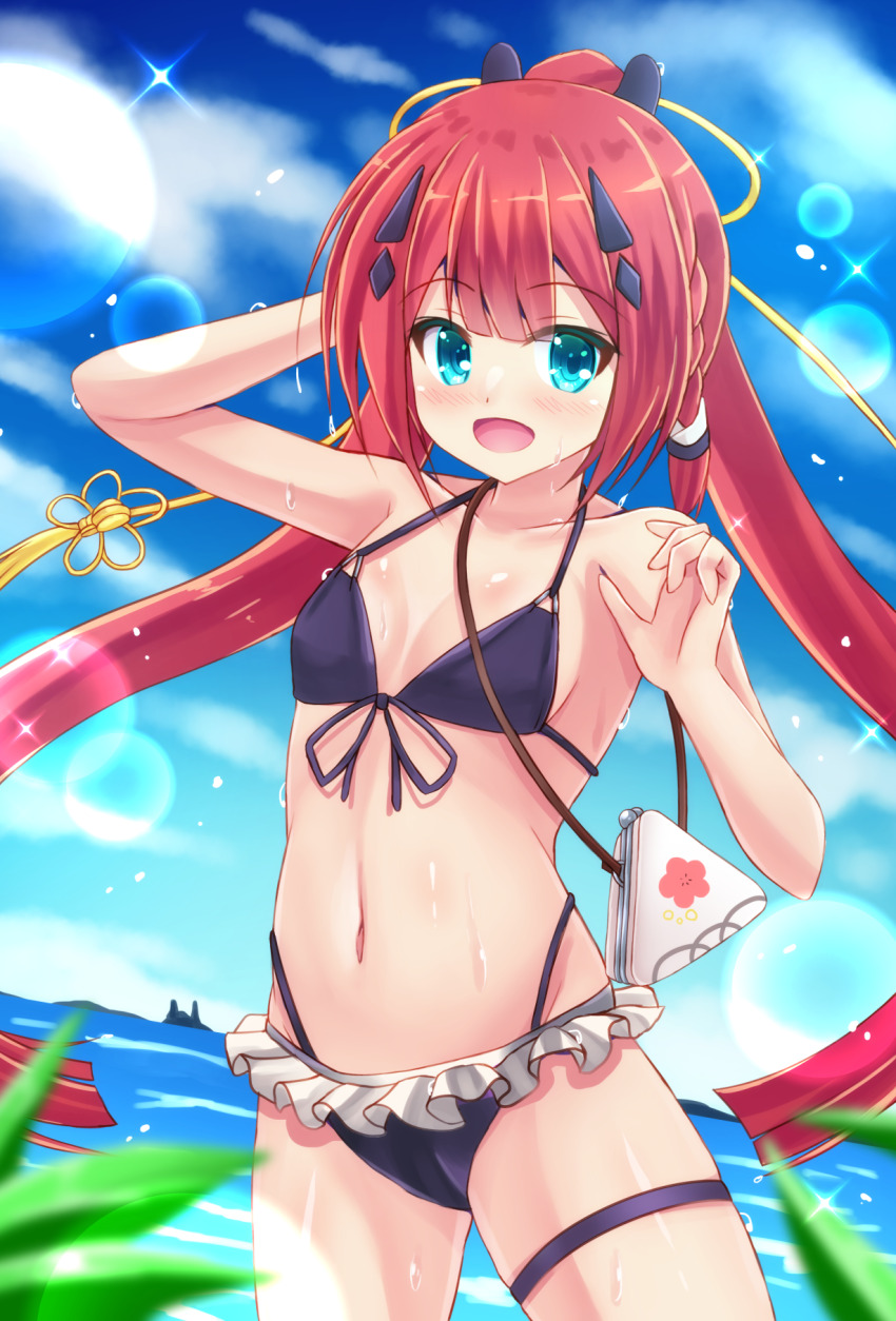 1girl alternate_costume aqua_eyes bag bare_arms bare_shoulders bikini black_bikini blue_sky blunt_bangs blunt_ends blurry blush braid breasts center-flap_bangs collarbone colored_eyelashes commentary_request cowboy_shot day depth_of_field fake_horns floating_hair frilled_bikini frills front-tie_bikini_top front-tie_top hair_ornament hairclip halterneck handbag happy highleg highleg_bikini highres horns kamiyama_shiki lens_flare long_hair looking_at_viewer minatoto navel ocean open_mouth outdoors ponytail red_hair side_braid sky small_breasts smile solo sparkle stomach summer_pockets swimsuit tassel tassel_hair_ornament thigh_strap very_long_hair