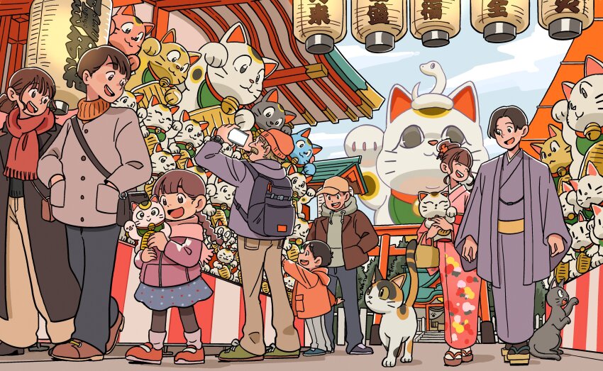 3girls 5boys :d absurdres animal backpack bag black_coat black_hair blue_skirt braid brown_hair brown_jacket brown_shoes cat child closed_eyes coat drawstring facial_hair festival fujiwara_yoshito geta green_shoes grey_jacket hair_bun hands_in_pockets haori hat highres holding holding_stuffed_toy hood hood_down hoodie jacket japanese_clothes kimono lantern lapels maneki-neko market_stall multiple_boys multiple_girls mustache obi open_mouth original outdoors pants paper_lantern parted_hair ponytail red_scarf red_shoes sash scarf shoes skirt smile snake stuffed_toy turtleneck twin_braids