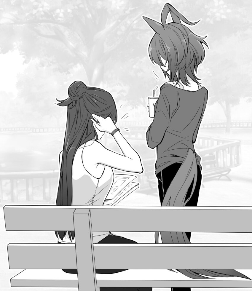 2girls adjusting_hair agnes_tachyon_(umamusume) ahoge animal_ears bare_arms bare_shoulders bench commentary_request cup disposable_cup drinking_straw feet_out_of_frame female_trainer_(umamusume) fence from_behind greyscale hair_bun hand_up highres holding holding_cup horse_ears horse_girl horse_tail long_hair long_sleeves monochrome multiple_girls on_bench outdoors pants park park_bench shirin_(tsukimiyagura) shirt short_hair single_hair_bun sitting sleeveless sleeveless_sweater standing sweater tail trainer_(umamusume) tree umamusume wolf_cut