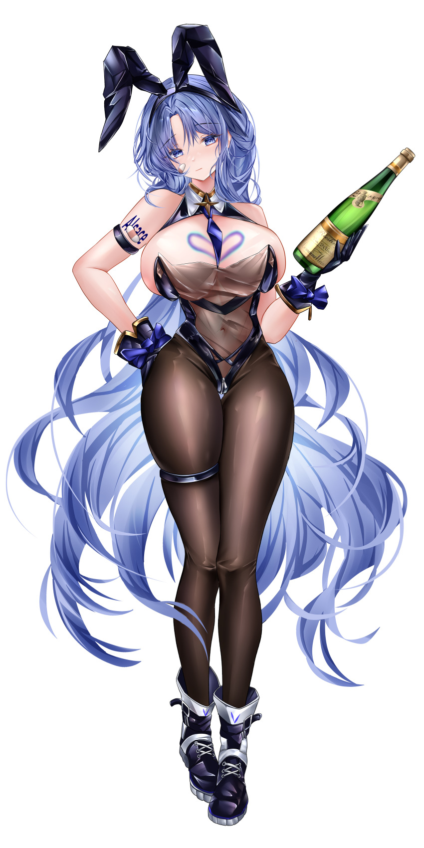 1girl absurdres alsace_(azur_lane) animal_ears azur_lane bandaid bandaid_on_arm bandaid_on_cheek bandaid_on_face bare_shoulders between_breasts black_shoes blue_eyes blue_hair body_writing bodystocking bottle breasts champagne_bottle cleavage covered_navel fake_animal_ears full_body gloves hand_on_own_hip heart highres holding holding_bottle huge_breasts incredibly_absurdres iue_(artist) large_breasts leotard long_hair looking_at_viewer necktie necktie_between_breasts rabbit_ears shoes simple_background skindentation solo thigh_strap thighs very_long_hair white_background wide_hips