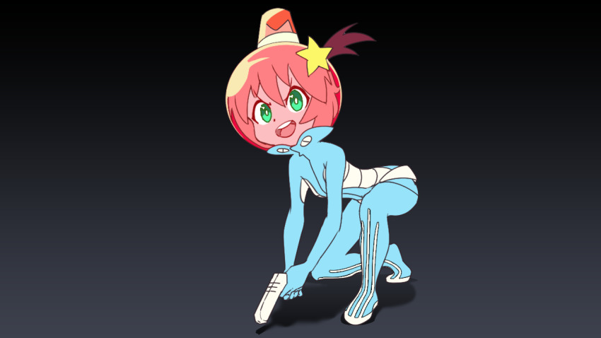 blue_eyes blue_suit emiladylbekuulu formal_clothes gun hair_ornament helmet holding holding_gun holding_weapon luluco non-web_source pink_helmet ponytail star_(symbol) star_hair_ornament suit trigger_(company) uchuu_patrol_luluco weapon