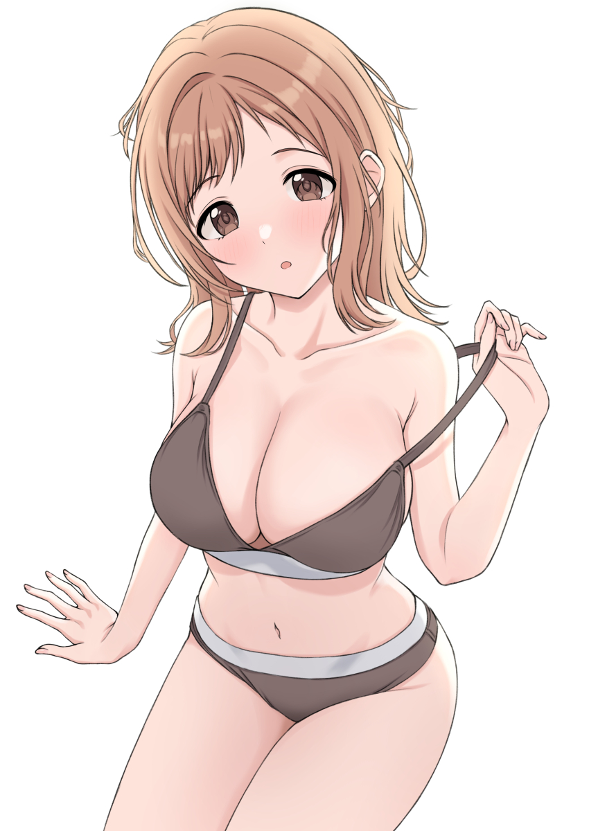 1girl absurdres bare_shoulders blush bra breasts brown_bra brown_eyes brown_hair brown_panties cleavage collarbone from_above highres idolmaster idolmaster_shiny_colors large_breasts looking_at_viewer looking_up medium_hair navel open_mouth panties pulling_own_clothes sakuragi_mano simple_background sitting solo sorugi_park strap_pull swept_bangs underwear underwear_only white_background