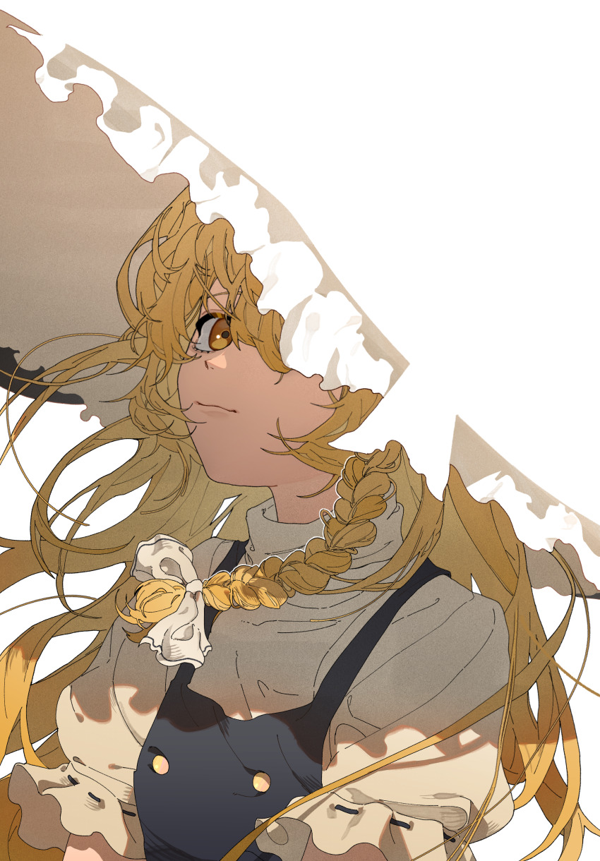 1girl absurdres black_vest blonde_hair bow braid buttons closed_mouth collared_shirt commentary double-breasted frilled_hat frilled_sleeves frills hair_bow hair_over_one_eye hat highres kirisame_marisa long_hair looking_at_viewer puffy_short_sleeves puffy_sleeves ribbon-trimmed_sleeves ribbon_trim shimiya_jin shirt short_sleeves side_braid simple_background single_braid solo touhou upper_body very_long_hair vest white_background white_bow white_shirt yellow_eyes