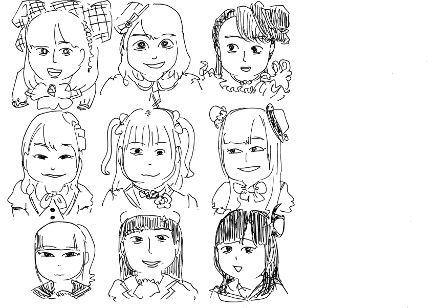 6+girls aida_rikako black_hair close-up dress furihata_ai hat highres inami_anju kobayashi_aika kurosawa_dia looking_at_viewer love_live! love_live!_sunshine!! medium_hair monochrome multiple_girls official_alternate_costume ohara_mari saito_shuka sketch suwa_nanaka takatsuki_kanako voice_actor