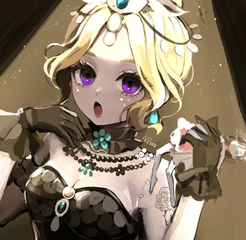 1girl :o arm_tattoo bare_shoulders black_background black_collar black_gloves black_leotard blonde_hair breasts brown_background character_doll circlet cleavage collar doll flower_tattoo gloves head_chain highres hoge_(n8sss) holding holding_doll identity_v jewelry leotard looking_at_viewer margaretha_zelle margaretha_zelle_(krono) mary_(identity_v) mary_(lady_bella)_(identity_v) medium_breasts necklace parted_bangs purple_eyes short_hair solo spotlight stitched_arm stitches tattoo upper_body