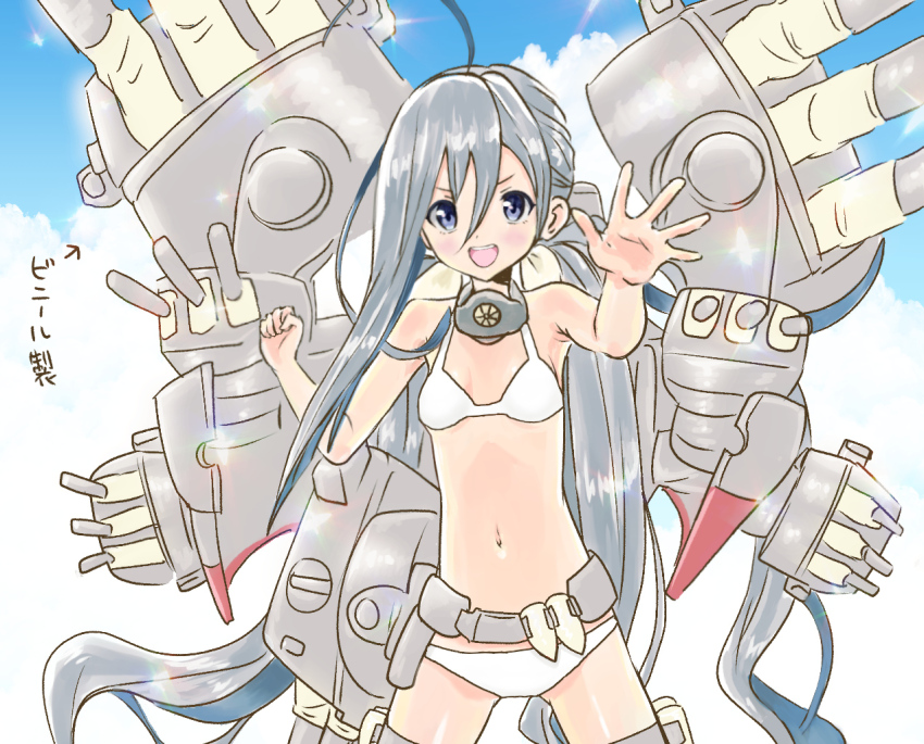 1girl ahoge armpit_crease bikini blush breasts bullet cannon cloud cosplay cowboy_shot day gluteal_fold grey_eyes grey_hair hair_between_eyes hair_bun inflatable_toy kantai_collection kikumon kiyoshimo_(kancolle) kujira_naoto long_hair looking_at_viewer low_twintails machinery navel open_mouth range_finder rigging ship_turret single_hair_bun sky small_breasts smile solo standing stomach swimsuit teeth thighs translated twintails v very_long_hair white_bikini yamato_(kancolle) yamato_(kancolle)_(cosplay)