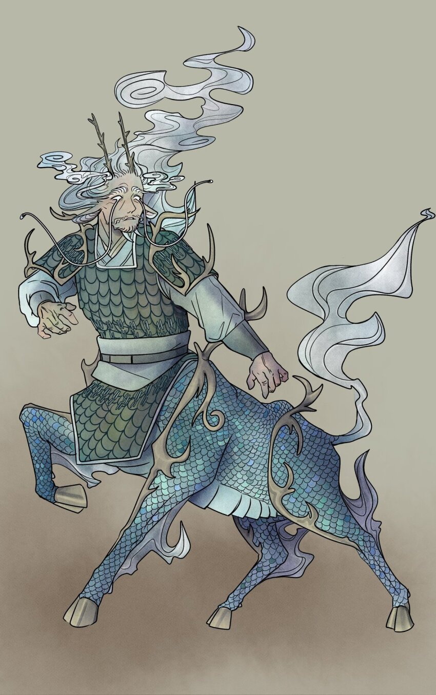 1boy antlers armor beard_stubble brown_background centauroid commentary_request facial_hair floating_hair full_body grey_hair highres horns korean_commentary letmedomything3 male_focus monster_boy mustache original qilin_(mythology) solo stubble taur whiskers white_eyes