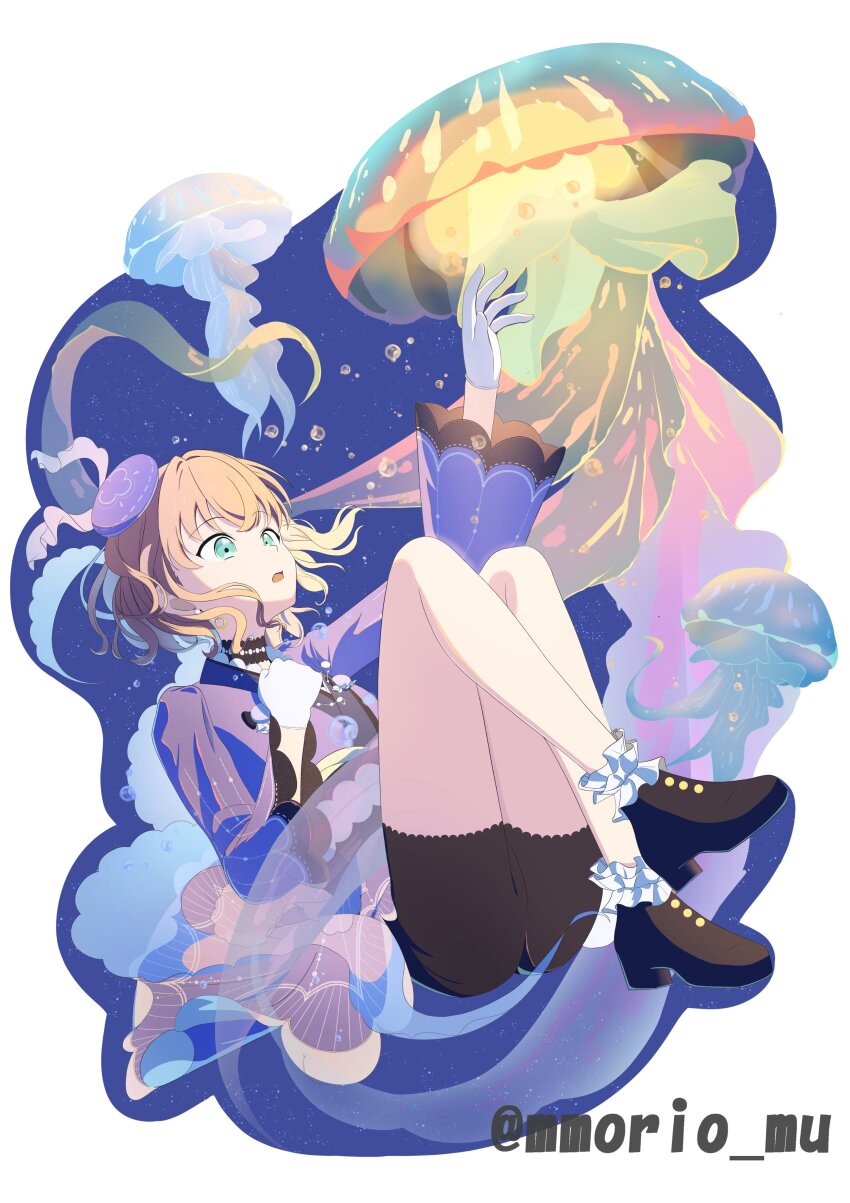 1girl 3rd_live_tour_try_tri_unity!!! absurdres aqua_eyes arm_up beret bike_shorts black_shorts blue_hat blue_kimono border commentary_request crossed_bangs full_body gloves hand_on_own_chest hat highres hinoshita_kaho japanese_clothes jellyfish kimono link!_like!_love_live! long_sleeves love_live! medium_hair mini_hat morio_(mmorio_mu) official_alternate_costume official_alternate_hairstyle open_mouth orange_hair shorts solo tsukuyomi_kurage underwater upskirt virtual_youtuber wavy_hair white_border white_gloves