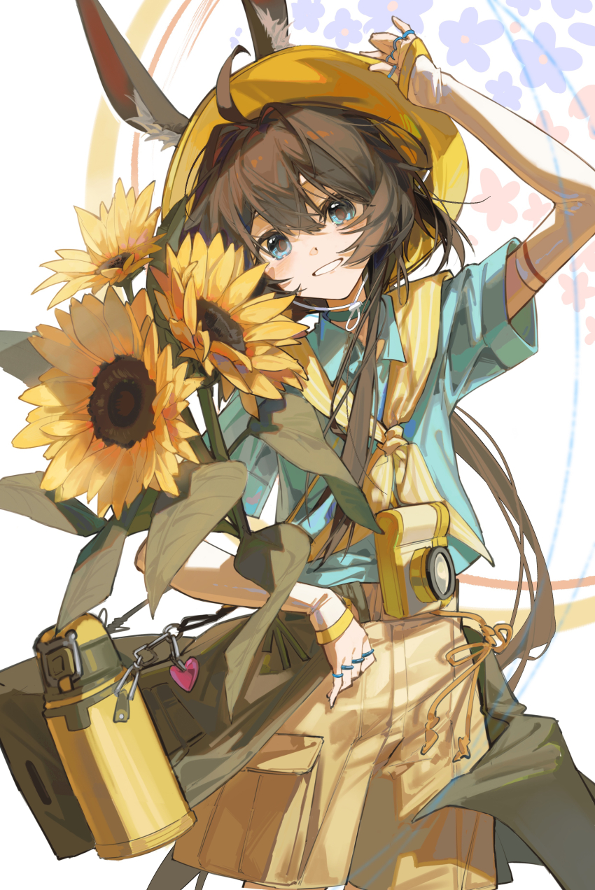 1girl :d absurdres ahoge amiya_(arknights) amiya_(seedsower)_(arknights) animal_ears aqua_choker aqua_shirt arknights blue_eyes brown_hair camera chinese_commentary chino_(user_zdyd2447) choker commentary_request cowboy_shot detached_sleeves ears_through_headwear flower grin hair_between_eyes hat highres jewelry long_hair multiple_rings official_alternate_costume open_mouth ring shirt short_sleeves shorts sleeves_past_wrists smile solo standing sunflower white_background white_sleeves yellow_flower yellow_hat yellow_shorts