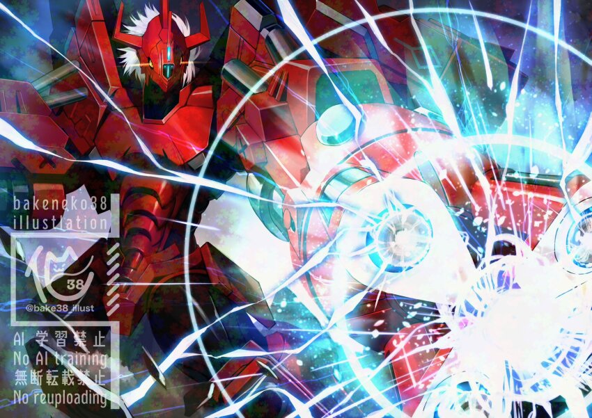 arm_cannon armor bakeneko38 blitzgreymon cyborg digimon digimon_(creature) dragon electricity glowing glowing_eyes highres red_armor short_hair solo vernier_thrusters watermark weapon white_hair yellow_eyes