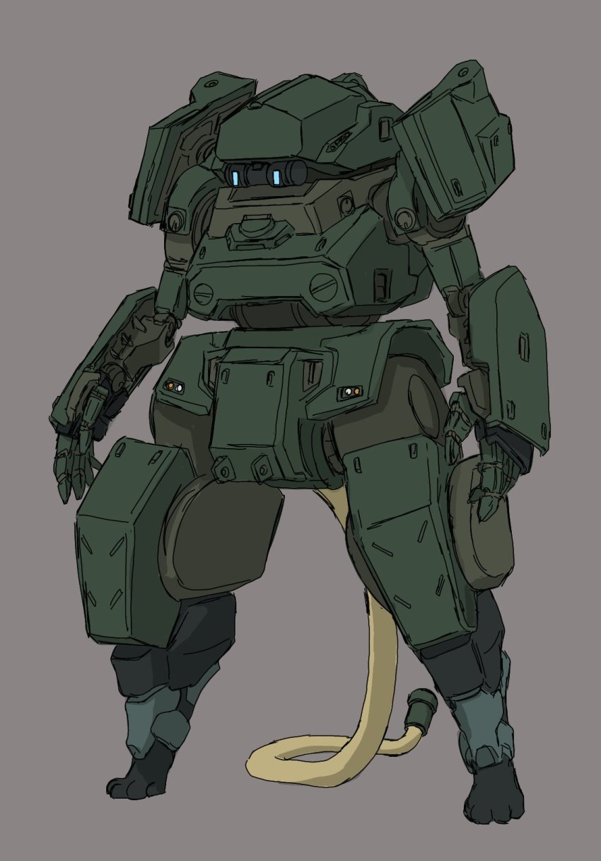 blue_eyes cable grey_background highres jgsdf_type_07_tank_nacchin looking_ahead mecha mecha_kaku_man no_humans open_hands original redesign robot science_fiction solo standing