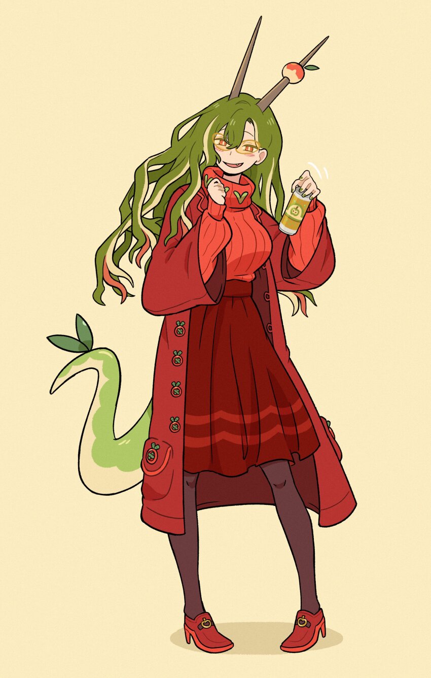 1girl absurdres apple apple_hair_ornament apple_juice aunt blush breasts brown_horns buttons can coat colored_sclera commentary doodlelotl english_commentary food food-themed_hair_ornament fruit game_freak green_hair green_tail hair_ornament highres holding holding_can horns hydrapple juice large_breasts mature_female nintendo pantyhose personification pocket pokemon red_coat red_footwear red_skirt red_sweater sharp_teeth simple_background skirt solo sweater teeth turtleneck turtleneck_sweater yellow_sclera