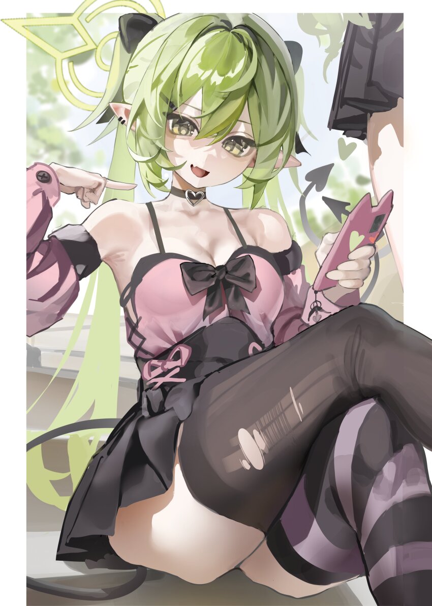 2girls absurdres asymmetrical_legwear black_choker black_skirt black_tail black_thighhighs blue_archive breasts cellphone choker cleavage demon_tail detached_sleeves earrings green_hair green_halo hair_ornament hairclip halo heart heart_choker highres hikari_(blue_archive) holding jewelry jirai_kei long_hair multiple_girls nozomi_(blue_archive) open_mouth phone pink_shirt pointing pointing_at_self pointy_ears puffy_sleeves shirt sitting skirt small_breasts smartphone solo striped_clothes striped_thighhighs tail thighhighs torn_clothes torn_thighhighs twintails yellow_eyes yonchan
