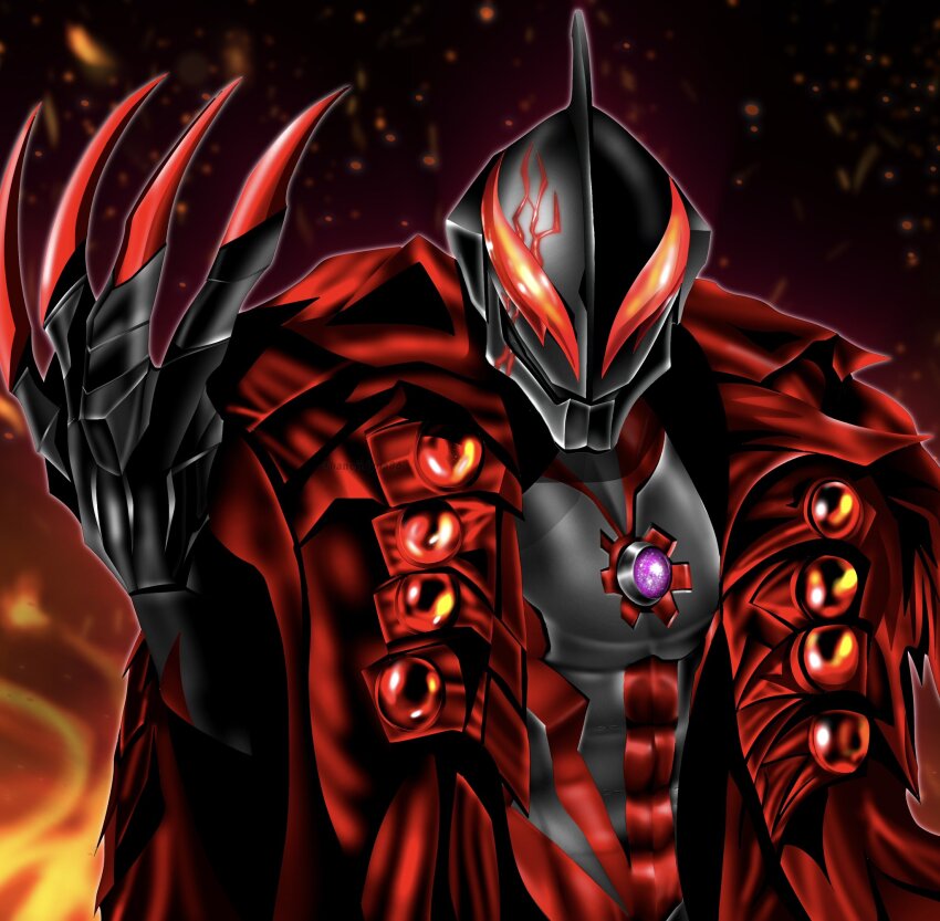 1boy abs alien black_background black_skin cape claws color_timer colored_skin commentary dorsal_fin evil_smile fiery_background fire glowing glowing_eyes hand_up hanejidyna86 highres light_particles looking_at_viewer male_focus multicolored_skin muscular muscular_male orange_eyes pectorals red_cape red_claws red_skin scar scar_on_face smile solo standing tokusatsu twitter_username two-tone_skin ultra_galaxy_(series) ultra_series ultraman_belial ultraman_zero_the_movie_choukessen!_belial_ginga_teikoku upper_body very_long_cape wrinkled_skin