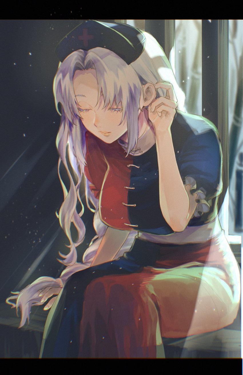 1girl blue_dress blue_hat closed_eyes collared_dress colored_eyelashes cross dark_room dress hair_behind_ear hat highres imperishable_night kuzumiya_yuyu letterboxed long_hair multicolored_dress nurse nurse_cap parted_bangs puffy_short_sleeves puffy_sleeves red_cross red_dress short_sleeves silver_hair sitting solo touhou window yagokoro_eirin
