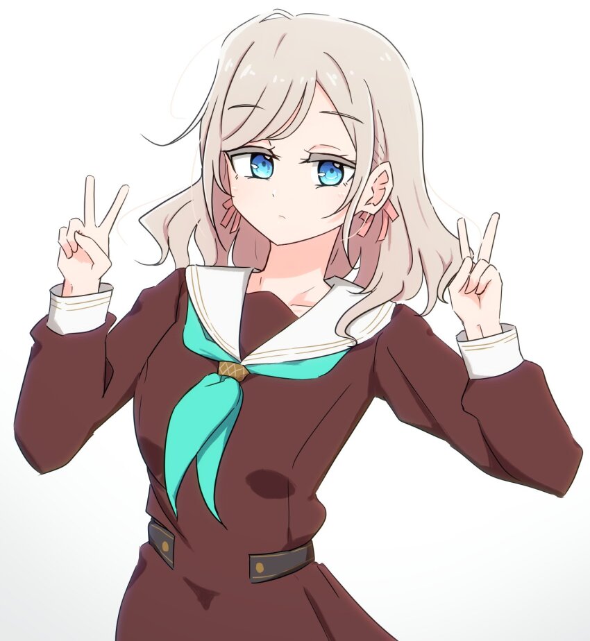 1girl aqua_neckerchief blue_eyes breasts brown_dress ceras_yanagida_lilienfeld closed_mouth collarbone colored_eyelashes commentary_request cowboy_shot double_v dress frown grey_hair hair_ribbon hasu_no_sora_school_uniform hichi_(asa_makudo) highres large_breasts link!_like!_love_live! long_hair long_sleeves looking_at_viewer love_live! neckerchief pink_ribbon pleated_dress ribbon sailor_collar sailor_dress school_uniform sidelocks simple_background solo swept_bangs v virtual_youtuber white_background white_sailor_collar winter_uniform