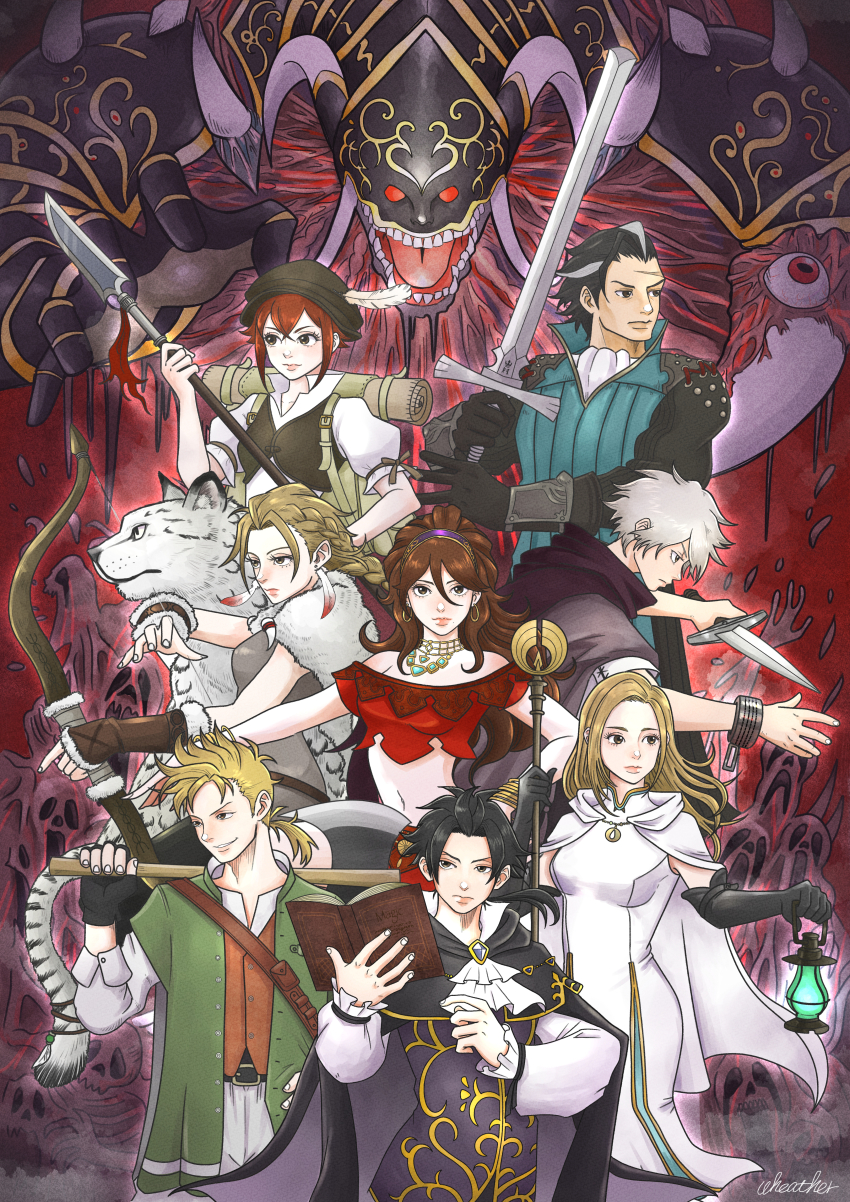 4boys 4girls absurdres alfyn_greengrass armor artist_name ascot backpack bag belt black_cape black_gloves black_hair book bow_(weapon) bracelet braid breasts brown_gloves brown_hair brown_vest cape character_request cyrus_albright dagger earrings elbow_gloves everyone extra_eyes feather_earrings feathers fighting_stance fingerless_gloves fur_trim ghost gloves gold_trim h&#039;aanit_(octopath_traveler) highres holding holding_dagger holding_knife holding_weapon hoop_earrings horns jewelry knife lantern medium_breasts midriff multicolored_hair multiple_boys multiple_girls navel necklace octopath_traveler octopath_traveler_i olberic_eisenberg open_mouth ophilia_clement ponytail primrose_azelhart red_eyes scar scar_on_face scar_on_forehead short_sleeves therion_(octopath_traveler) tressa_(octopath_traveler) tressa_colzione two-tone_hair vest weapon wheather white_ascot white_cape white_hair