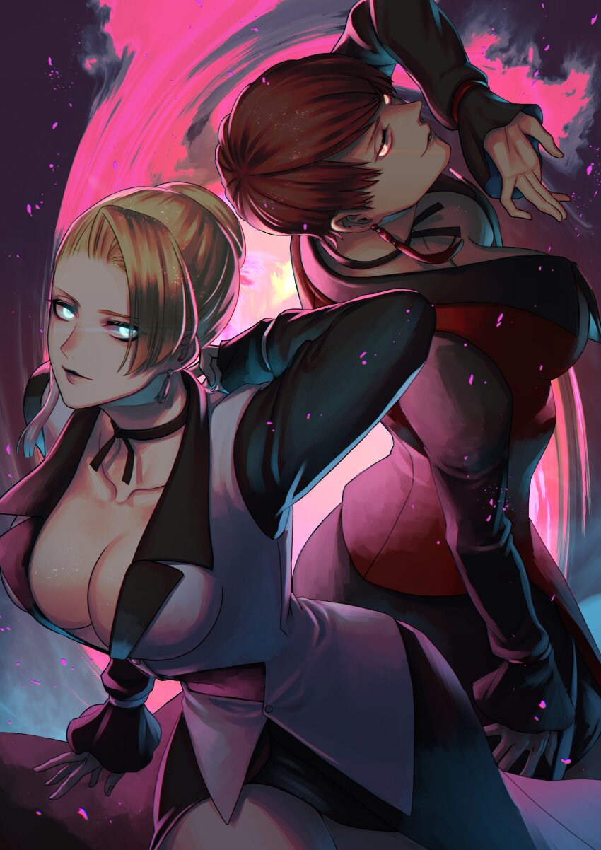 2girls absurdres bent_over blonde_hair blue_eyes breasts brown_hair cleavage curvy dress female_focus formal_clothes from_behind glowing glowing_eyes hair_bun highres jewelry large_breasts long_hair long_sleeves looking_at_viewer looking_back mature_(kof) multiple_girls pale_skin short_hair skirt snk suit tan the_king_of_fighters thick_thighs thighs vice_(kof) wide_hips yellow_eyes