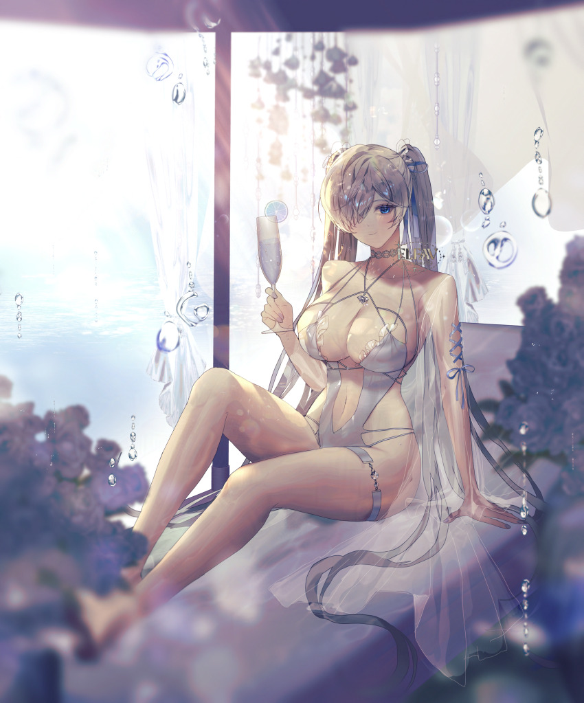 1girl absurdres alternate_costume bikini blue_eyes blurry blurry_foreground breasts choker cinderella_(nikke) cocktail_glass collarbone couch cup drinking_glass goddess_of_victory:_nikke grey_hair hair_over_one_eye highres holding_glass large_breasts legs long_hair nail_polish navel revealing_clothes sitting solo swimsuit twintails very_long_hair wogen769
