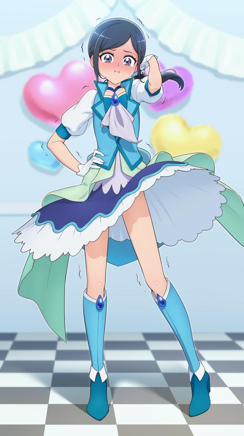 1girl absurdres ascot balloon black_hair blue_ascot blue_boots blue_choker blue_dress blue_eyes blue_scrunchie blue_vest blurry blurry_background blush boots checkered_floor choker collarbone commentary cosplay cure_fontaine cure_fontaine_(cosplay) dress embarrassed full-face_blush full_body furrowed_brow gloves hair_ornament hair_scrunchie hand_on_own_hip hand_on_own_shoulder healin&#039;_good_precure heart heart_balloon highres indoors knee_boots legs_apart long_hair looking_at_viewer magical_girl ponytail pout precure puffy_short_sleeves puffy_sleeves sawaizumi_chiyu scrunchie self_cosplay short_dress short_sleeves side_ponytail skirt skirt_flip solo standing sweat swept_bangs tearing_up tiler_(tiler00) trembling vest white_gloves