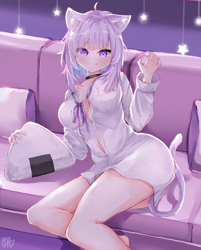1girl absurdres ahoge animal_ear_fluff animal_ears black_collar blue_hair breasts cat_ears cat_girl cat_tail cleavage closed_mouth collar colored_inner_hair couch highres hololive large_breasts looking_at_viewer ma_draws multicolored_hair neck_ribbon nekomata_okayu nekomata_okayu_(oversized_shirt) official_alternate_costume on_couch purple_eyes purple_hair purple_ribbon ribbon shirt short_hair smile solo tail virtual_youtuber white_shirt