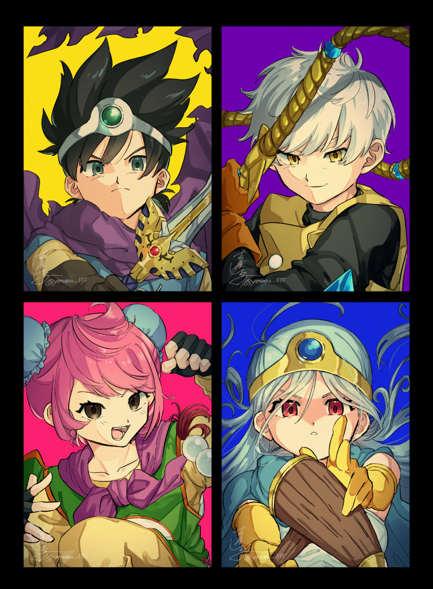 2boys 2girls absurdres aqua_eyes black_border black_gloves black_hair black_shirt blue_background blue_cape blue_gemstone blue_hair blue_tunic border brown_eyes brown_gloves bun_cover cape circlet commentary_request double_bun dragon_quest dragon_quest_iii dress erdrick&#039;s_sword fingerless_gloves floating_cape floating_hair frown gem gloves gold_circlet green_gemstone hair_bun hero_(dq3) highres holding holding_staff holding_sword holding_weapon holding_whip looking_at_viewer martial_artist_(dq3) multiple_boys multiple_girls open_mouth parted_lips pink_background pink_hair purple_background purple_cape red_eyes roto_(dq3) sage_(dq3) shirt short_hair signature silver_circlet smile spiked_hair staff sword thief_(dq3) tunic upper_body vest weapon white_dress white_hair yellow_background yellow_eyes yellow_gloves yellow_vest yoshiya_shiyoko