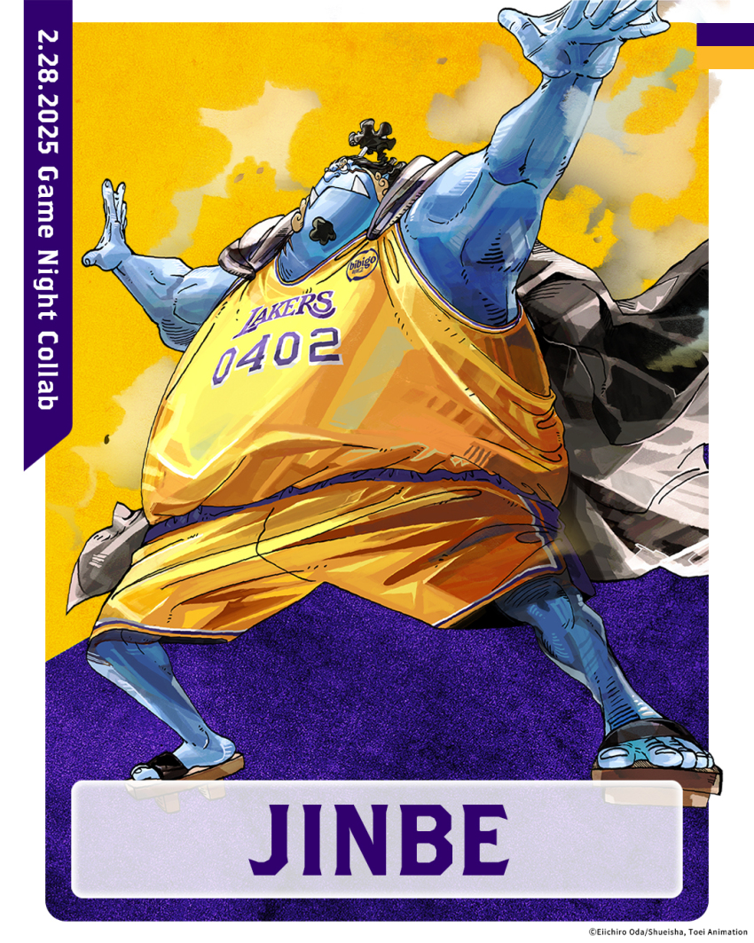 1boy armpits arms_up artist_name artist_request basketball_jersey basketball_uniform beard black_cape blue_skin cape character_name colored_skin dated facial_hair fangs fish_boy from_below geta highres jinbe_(one_piece) legs_apart looking_ahead los_angeles_lakers national_basketball_association official_art one_piece promotional_art sharp_teeth shirt shorts sportswear standing teeth topknot v-shaped_eyebrows webbed_hands yellow_shirt yellow_shorts
