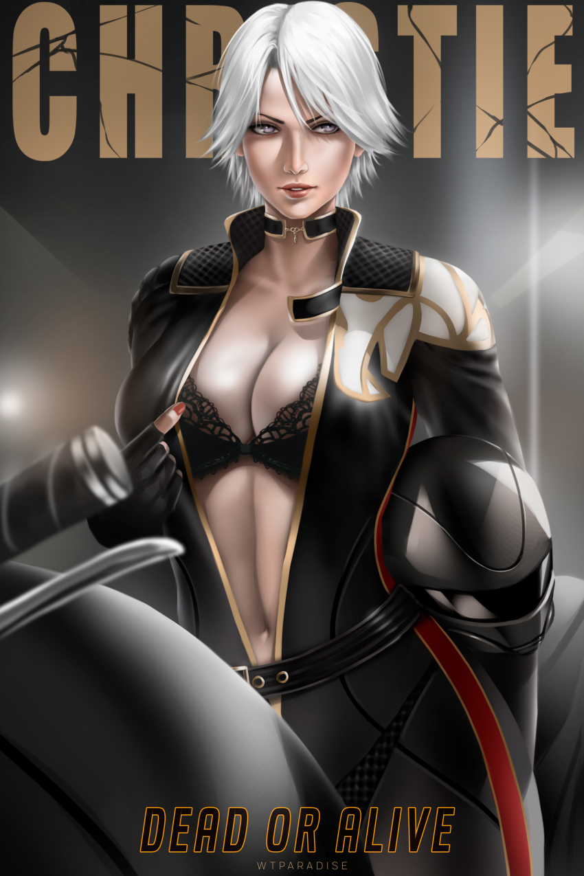 1girl artist_name biker_clothes bikesuit black_bra bodysuit bra breasts character_name choker christie_(doa) cleavage commentary copyright_name dead_or_alive dead_or_alive_3 female_focus fingerless_gloves fingernails frilled_bra frills gloves helmet highres large_breasts lips long_sleeves looking_at_viewer motor_vehicle motorcycle motorcycle_helmet nail_polish navel on_motorcycle open_bodysuit open_clothes parted_lips purple_eyes red_nails short_hair simple_background solo stomach underwear white_hair wtparadise