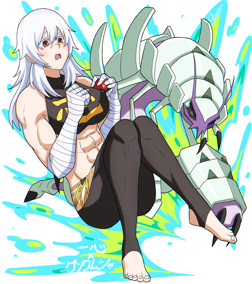 1girl :o abs artist_name breasts brown_eyes character_request full_body gen_7_pokemon golisopod hair_between_eyes highres holding holding_poke_ball knees_together_feet_apart long_hair medium_breasts nintendo poke_ball pokemon pokemon_(creature) shishiruto simple_background sitting stirrup_legwear tearing_up toeless_legwear undead_unluck white_hair yamaoka_haruka