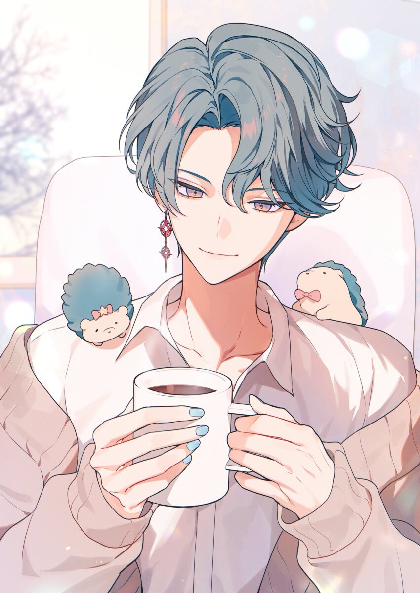1boy absurdres bare_tree blue_hair blue_nails bow bowtie cardigan cardigan_partially_removed collarbone collared_shirt commentary commission curtained_hair doremin_(freodore)_(nijisanji) earrings english_commentary freodore_(nijisanji) hedgehog highres jewelry light_particles long_sleeves male_focus nail_polish nijisanji nijisanji_en on_shoulder open_collar parted_bangs piercing pink_bow pink_bowtie shirt single_earring sitting sleeves_past_wrists solo tree upper_body virtual_youtuber white_shirt window wing_collar zzangto