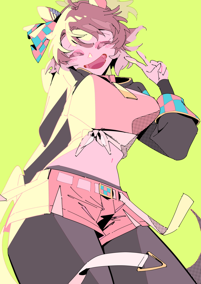 1girl absurdres ahoge animal_ears black_pants breasts brown_hair closed_eyes cowboy_shot crop_top dantsu_flame_(umamusume) ear_covers green_background hair_between_eyes hand_up highres horse_ears horse_girl large_breasts long_sleeves matumot navel open_mouth pants short_hair short_shorts shorts simple_background smile solo standing umamusume v