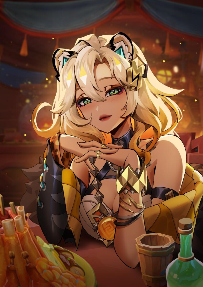 1girl absurdres alcohol animal_ear_fluff animal_ears bare_shoulders blonde_hair blush bottle bracelet breasts colored_tips detached_sleeves eyeliner eyeshadow food genshin_impact geo_symbol_(genshin_impact) gradient_hair green_eyes harimi_(harimizz) highres indoors jacket jaguar_girl jewelry large_breasts long_hair looking_at_viewer makeup multicolored_hair multiple_rings open_mouth own_hands_together ring smile solo table xilonen_(genshin_impact)