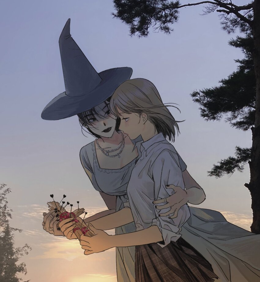 2girls black_hair blonde_hair blush brown_hair cowboy_shot dress from_side hat highres holding jewelry long_sleeves looking_at_another multiple_girls necklace oddxegg0 original outdoors profile ring shirt short_hair short_sleeves skirt sky smile tree voodoo_doll white_shirt witch witch_hat