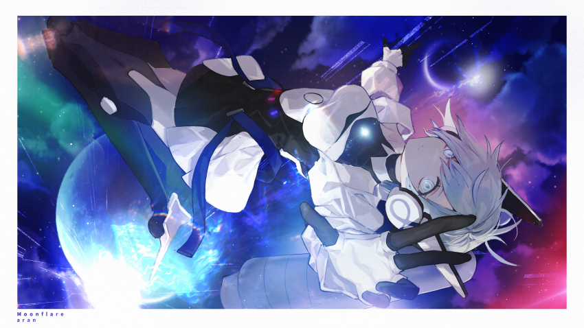 1girl absurdres arched_back arm_up backflip bare_shoulders black_collar black_dress black_gloves border breasts closed_mouth cloud cloudy_sky collar commentary crescent_moon dress floating_hair full_body full_moon gloves hair_between_eyes hand_up highres hinayuri lens_flare light_smile long_sleeves looking_at_viewer mechanical_ears mechanical_legs medium_breasts medium_hair moon multicolored_dress multicolored_gloves multiple_moons night night_sky original outdoors sky solo symbol-only_commentary white_border white_dress white_gloves white_hair white_sleeves