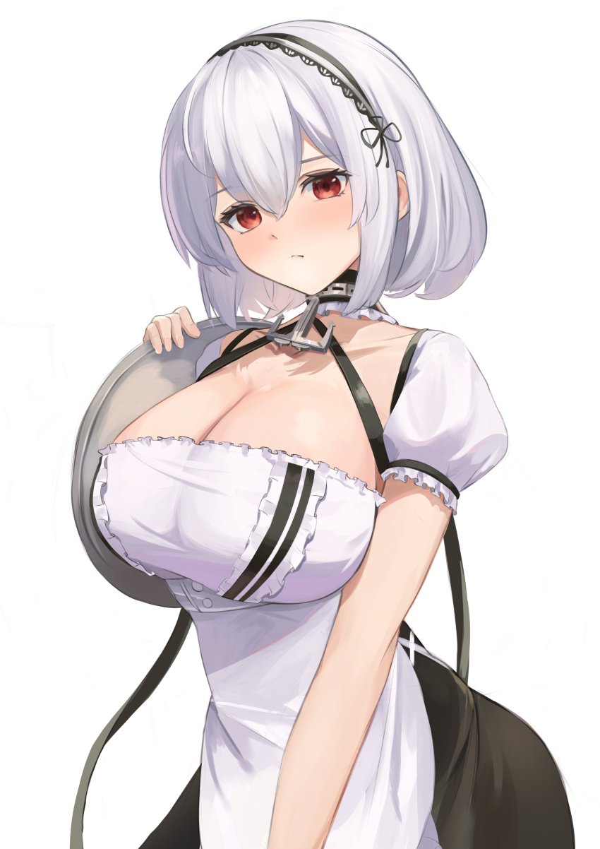 1girl absurdres apron azur_lane breasts cleavage collarbone commentary frills highres holding holding_tray huge_breasts large_breasts looking_at_viewer red_eyes remapack77 short_hair short_sleeves simple_background sirius_(azur_lane) solo tray white_apron white_background white_hair