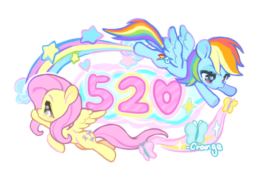 absurdres animal animal_focus blonde_hair blue_butterfly blue_hair bug butterfly chengzi82020 cloud cutie_mark fluttershy flying full_body green_eyes green_hair heart highres insect multicolored_hair my_little_pony my_little_pony:_friendship_is_magic orange_hair parted_lips pegasus pink_butterfly pink_eyes pink_hair pink_tail purple_hair rainbow_dash rainbow_hair red_hair simple_background sparkle star_(symbol) streaked_hair white_background yellow_butterfly