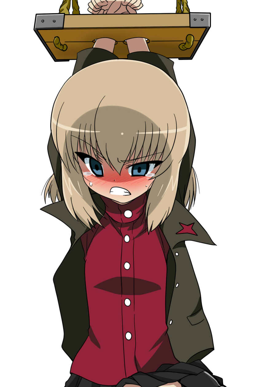 1girl arms_up bdsm black_skirt blonde_hair blue_eyes bondage bound collared_shirt girls_und_panzer green_jacket highres jacket katyusha_(girls_und_panzer) open_clothes open_jacket pleated_skirt pravda_school_uniform red_shirt red_star school_uniform shirt short_hair skirt star_(symbol) wakku_kan