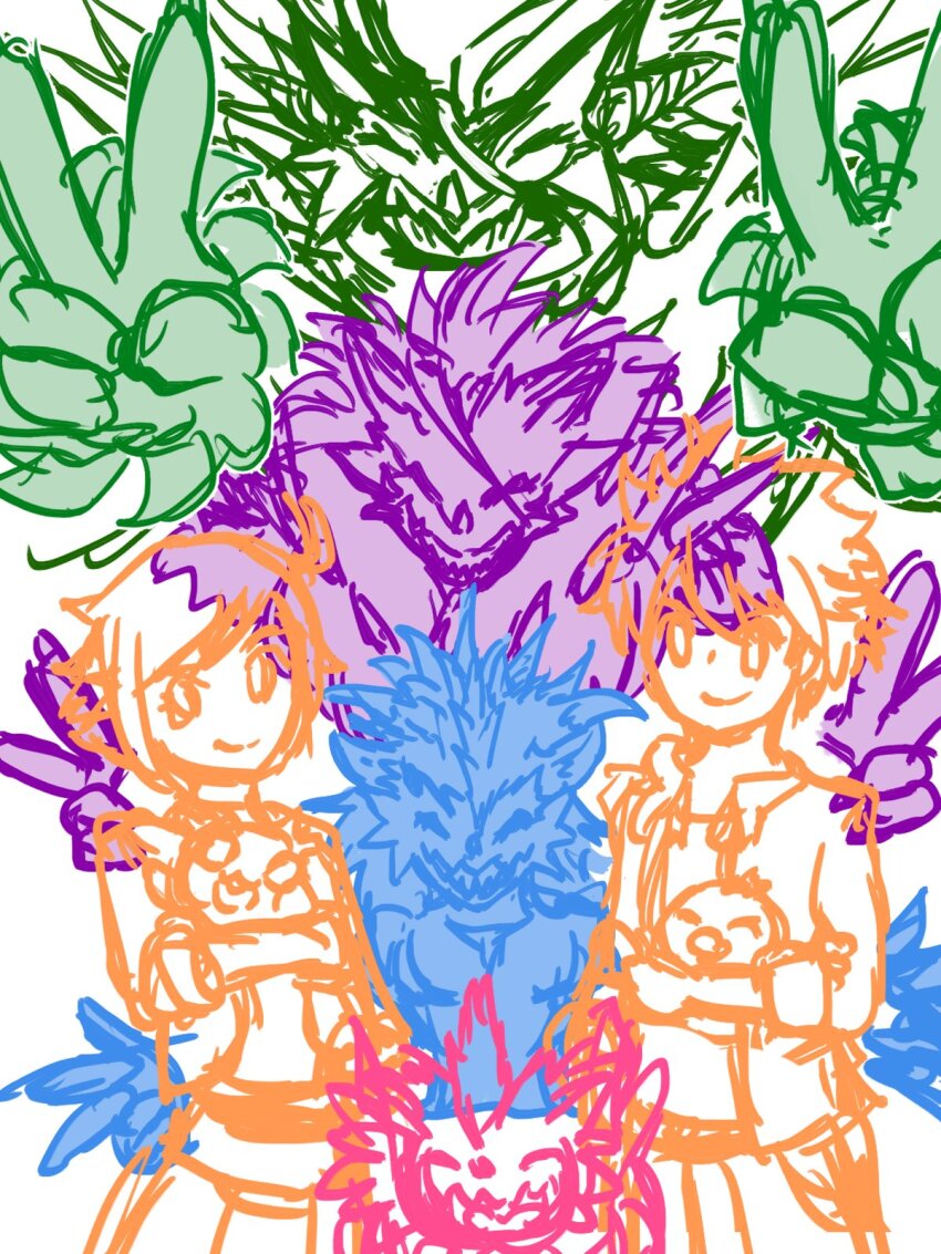 closed_eyes digimon double_v female_protagonist_(digimon_rearise) filmon herissmon highres male_protagonist_(digimon_rearise) pacifier pusumon pusurimon rasenmon smile stiffilmon v