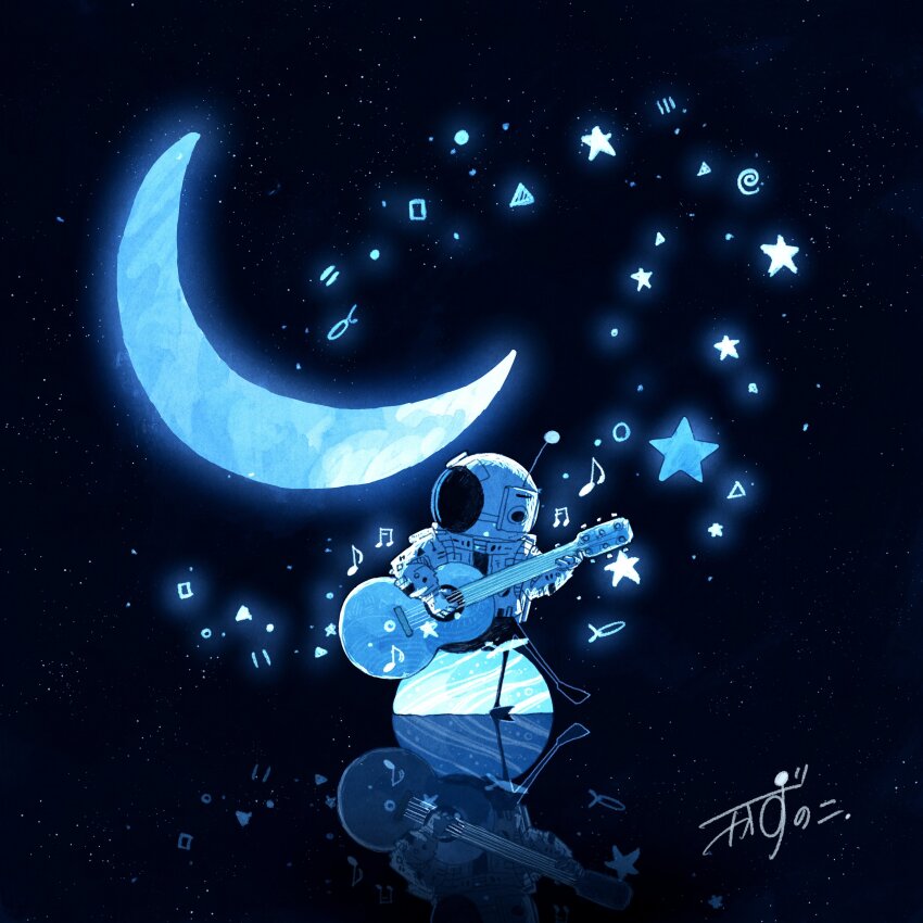 1other absurdres artist_name astronaut circle commentary crescent_moon crossed_legs eighth_note equal_sign fish flying_fish full_body gloves glowing guitar helmet highres holding holding_guitar holding_instrument instrument kazunoko_(kazunoko_zunoco) looking_to_the_side moon music musical_note original other_focus planet playing_instrument radio_antenna reflection signature sitting solo space space_helmet spacesuit spiral square star_(sky) star_(symbol) triangle white_gloves