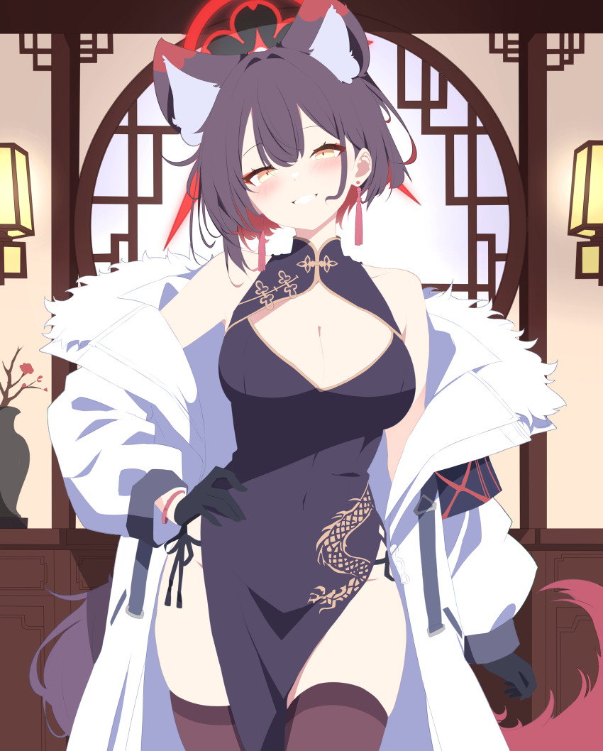 1girl :d absurdres alternate_costume alternate_hair_length alternate_hairstyle animal_ear_fluff animal_ears architecture arm_at_side austsue bare_shoulders black_dress black_gloves black_thighhighs blue_archive blush breasts brown_hair china_dress chinese_clothes cleavage cleavage_cutout clothing_cutout colored_inner_hair commentary_request covered_navel cowboy_shot curvy dress earrings east_asian_architecture eyeshadow fox_ears fox_girl fox_tail fur-trimmed_jacket fur_trim gloves grin hair_between_eyes hair_intakes halo hand_on_own_hip head_tilt highres indoors jacket jewelry korean_commentary large_breasts long_sleeves makeup multicolored_hair open_clothes open_jacket open_mouth pelvic_curtain puffy_long_sleeves puffy_sleeves red_eyeshadow red_hair red_halo round_window short_hair sleeveless sleeveless_dress smile smug solo tail tassel tassel_earrings thighhighs wakamo_(blue_archive) white_jacket window yellow_eyes